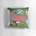 Colorful graffiti-style pillow featuring the Rapid Wien soccer club logo and fans' "Rapid ist meine religion" slogan.