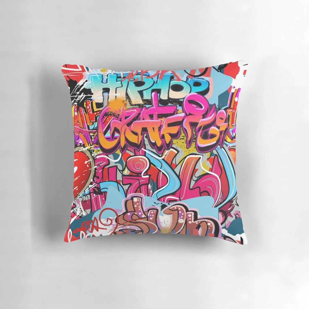 Graffiti-inspired pillow with bold, abstract design