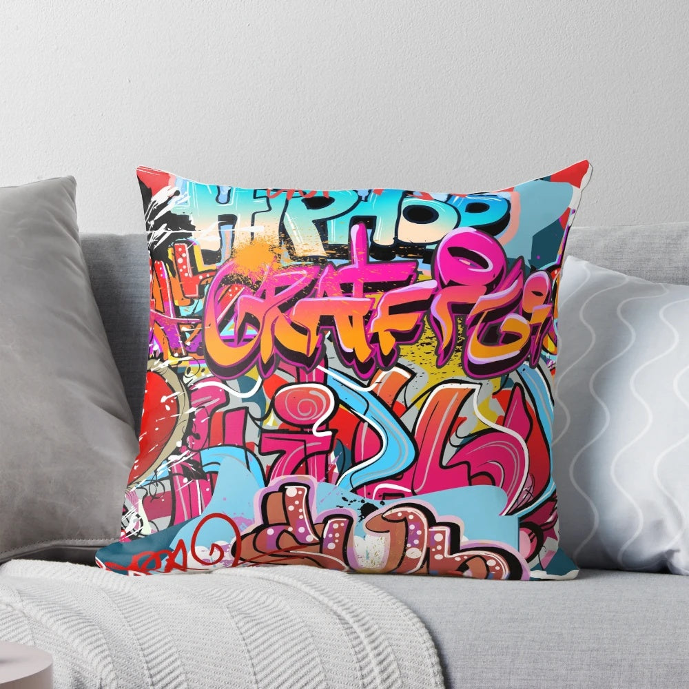 Graffiti-inspired pillow with bold, abstract design
