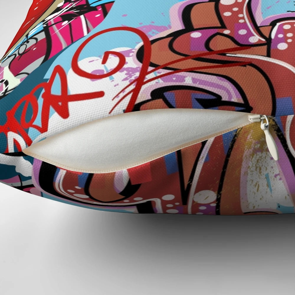 Graffiti-inspired pillow with bold, abstract design