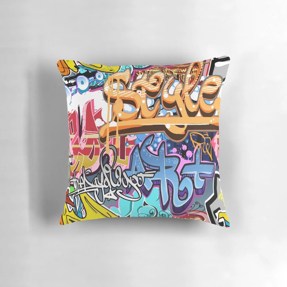 Colorful graffiti-inspired accent pillow with abstract street art design