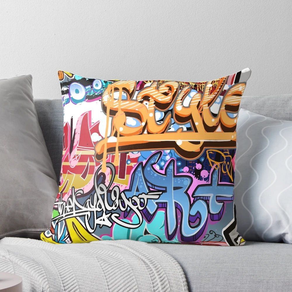 Colorful graffiti-inspired accent pillow with abstract street art design