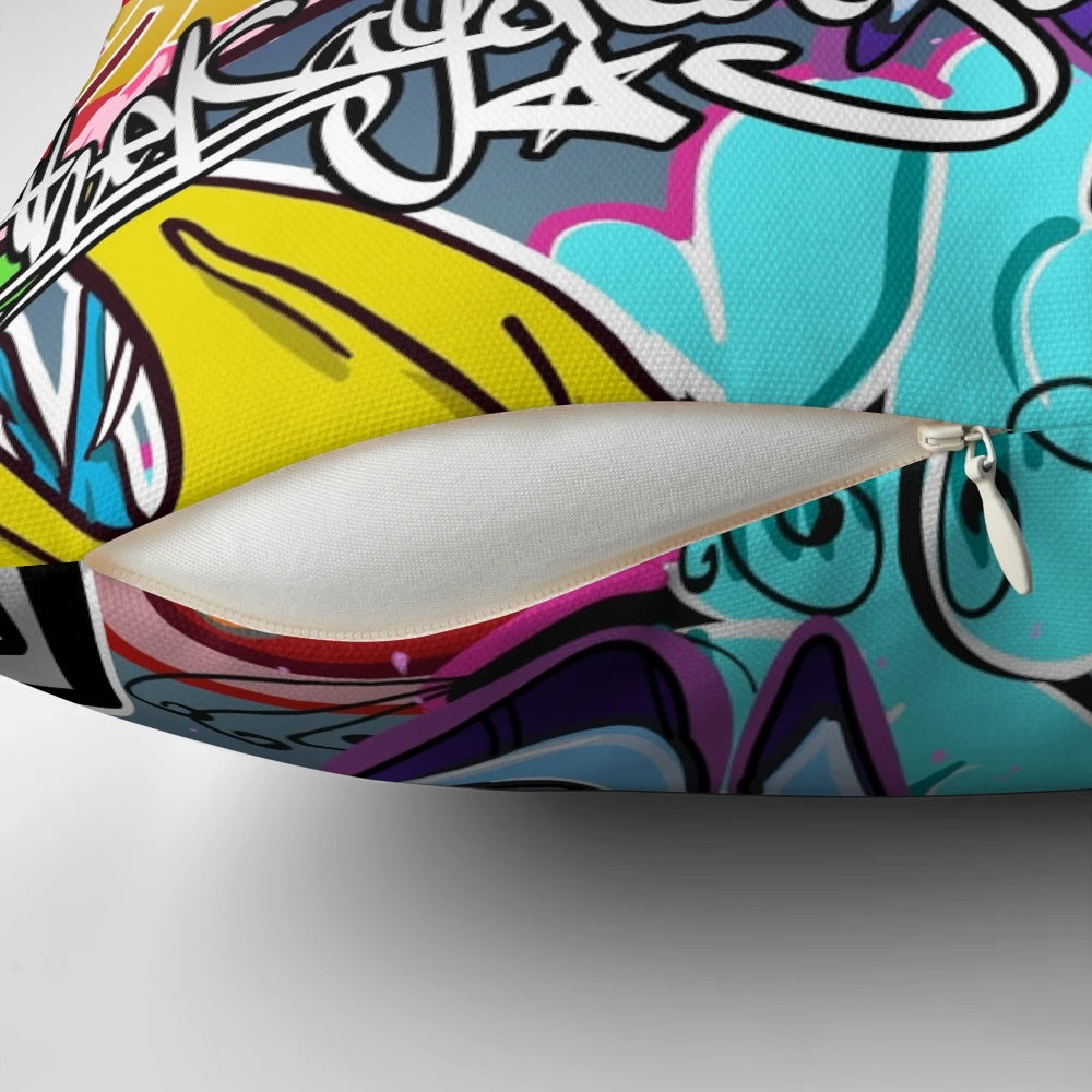 Colorful graffiti-inspired accent pillow with abstract street art design