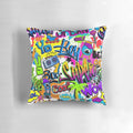 Colorful graffiti-inspired tropical pillow with a whimsical, retro-chic design