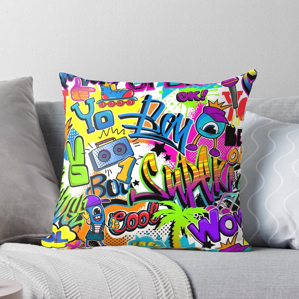 Colorful graffiti-inspired tropical pillow with a whimsical, retro-chic design