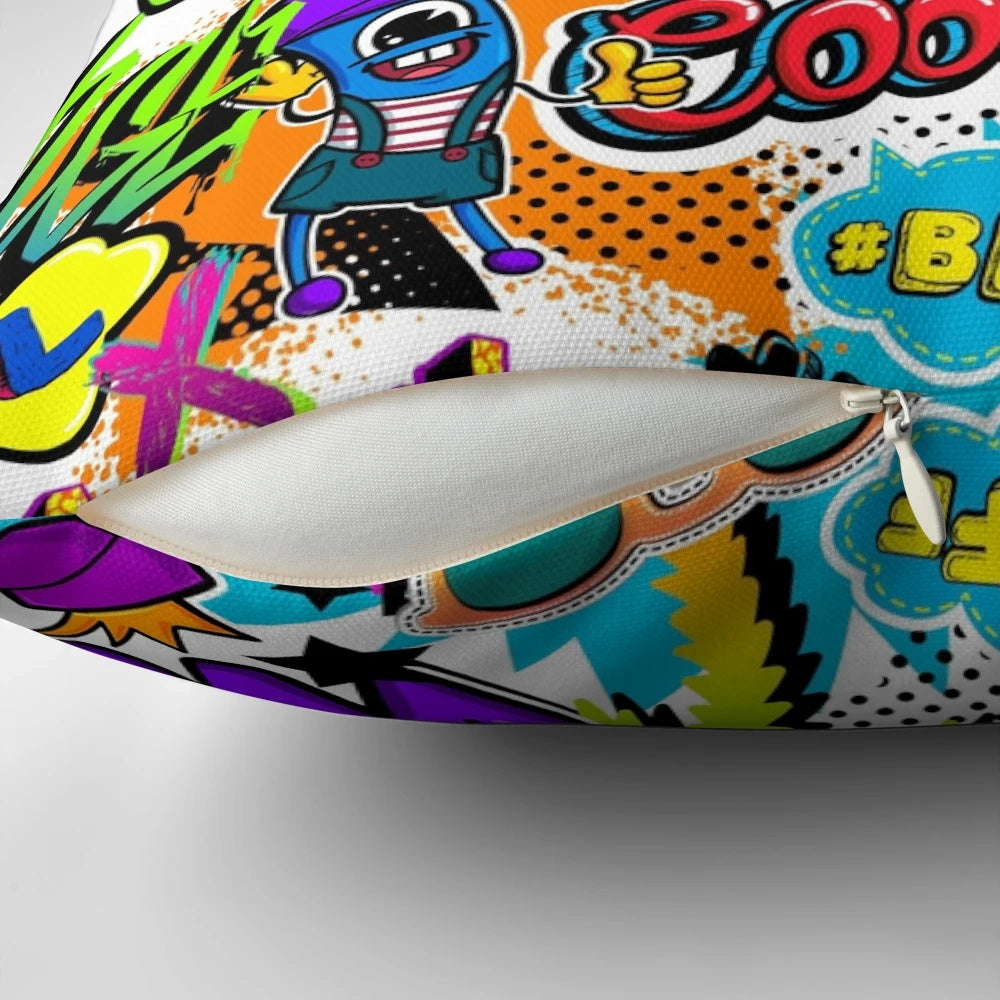 Colorful graffiti-inspired tropical pillow with a whimsical, retro-chic design