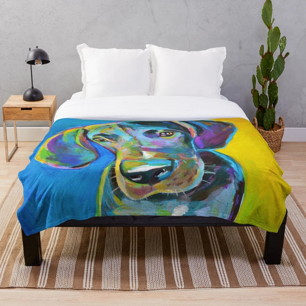 Colorful great dane painting on a plush blanket