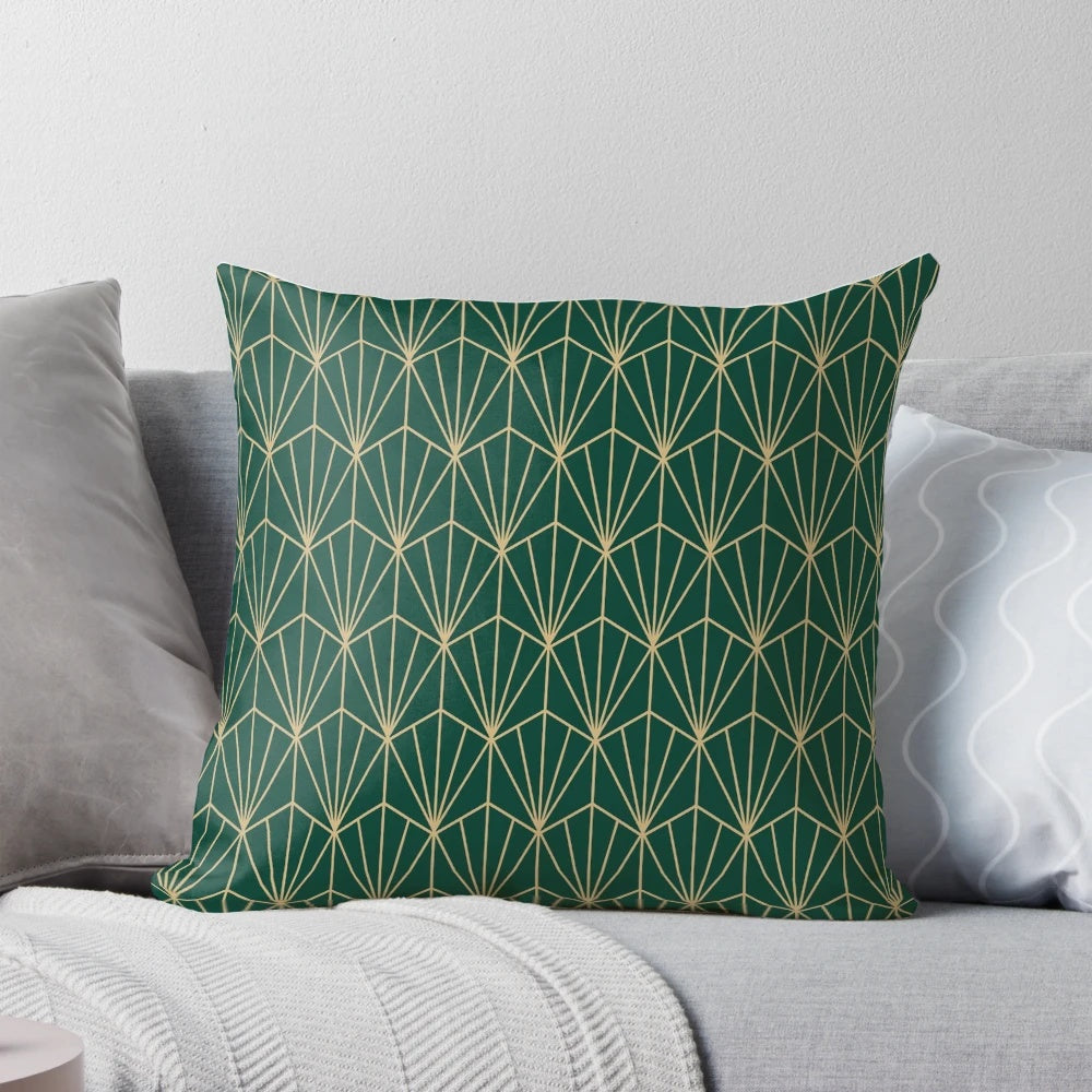 Decorative green and gold art deco pattern pillow