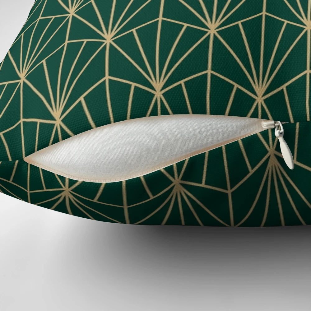 Decorative green and gold art deco pattern pillow