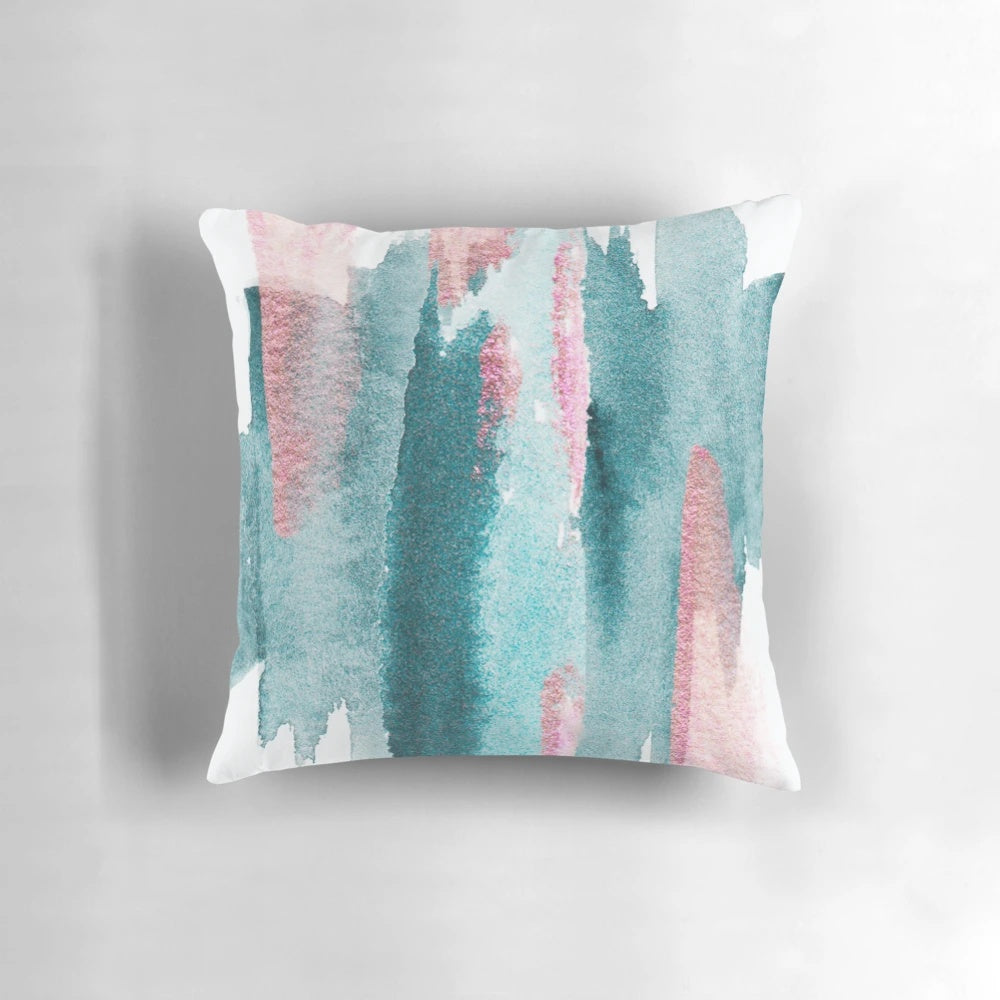 Lush green and pink abstract forest design throw pillow for cozy home decor