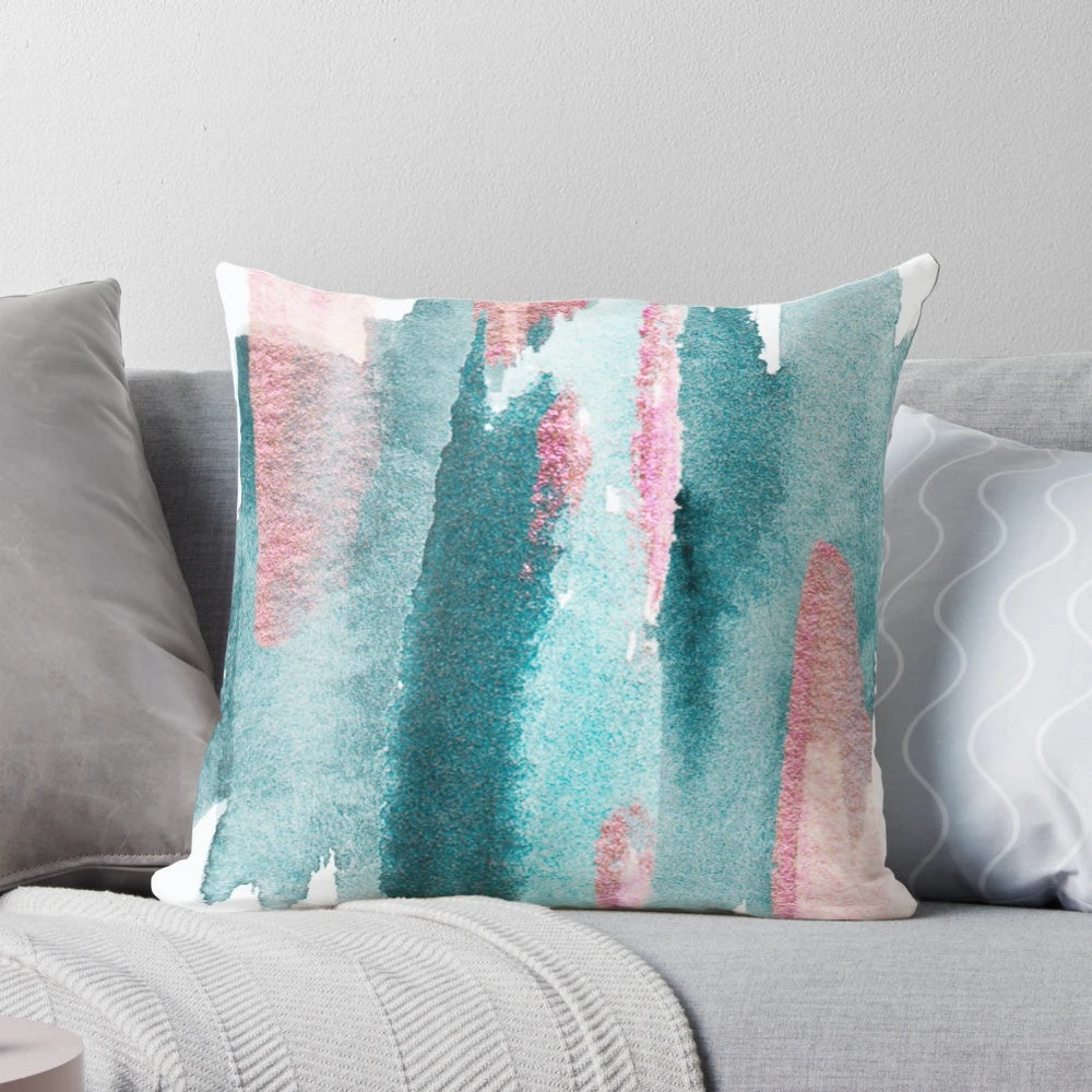 Lush green and pink abstract forest design throw pillow for cozy home decor