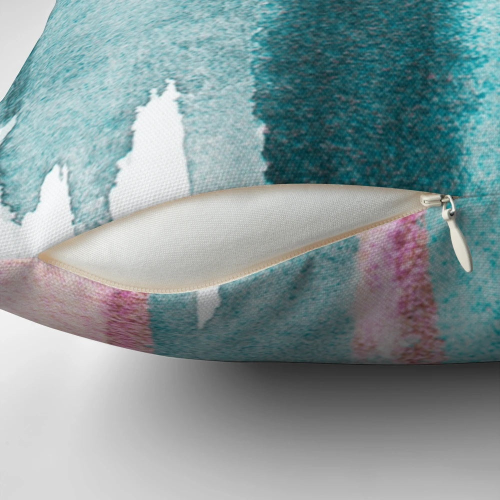 Lush green and pink abstract forest design throw pillow for cozy home decor