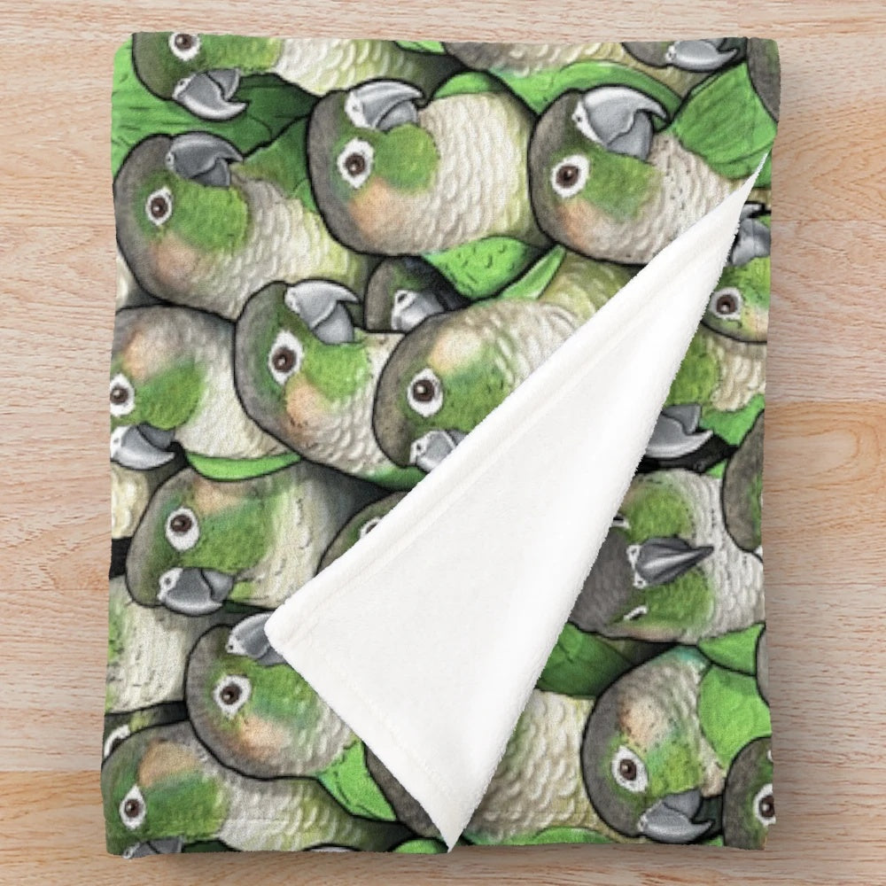 Green cheeked conure inspired plush blanket featuring a colorful bird pattern design