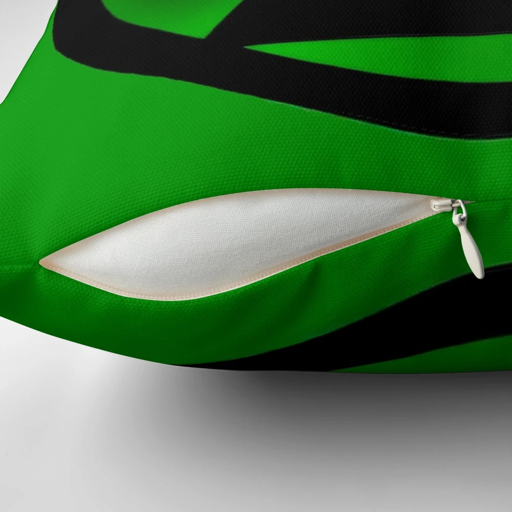 Green, humorous throw pillow with playful design