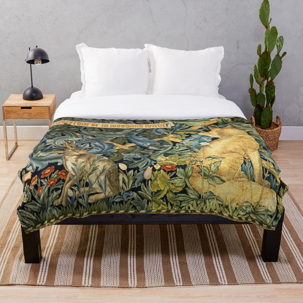 Colorful floral plush blanket with whimsical forest animals like a fox and hare