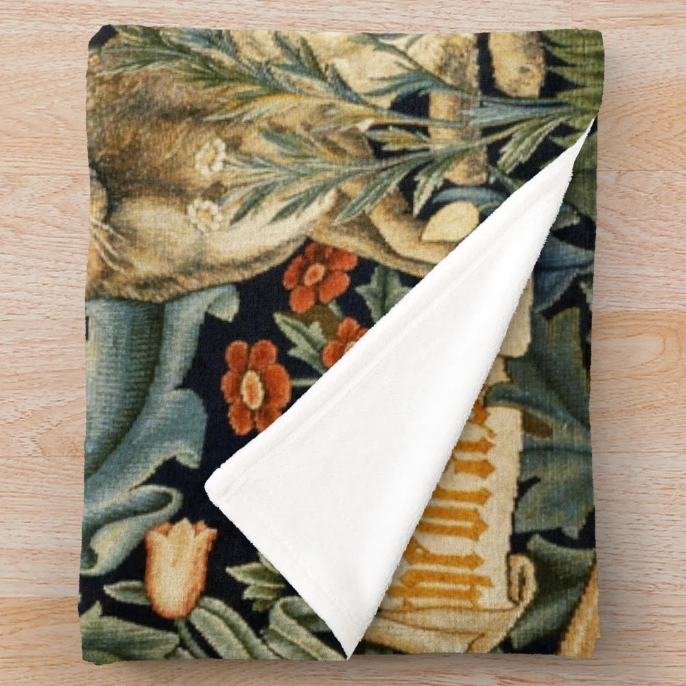 Colorful floral plush blanket with whimsical forest animals like a fox and hare