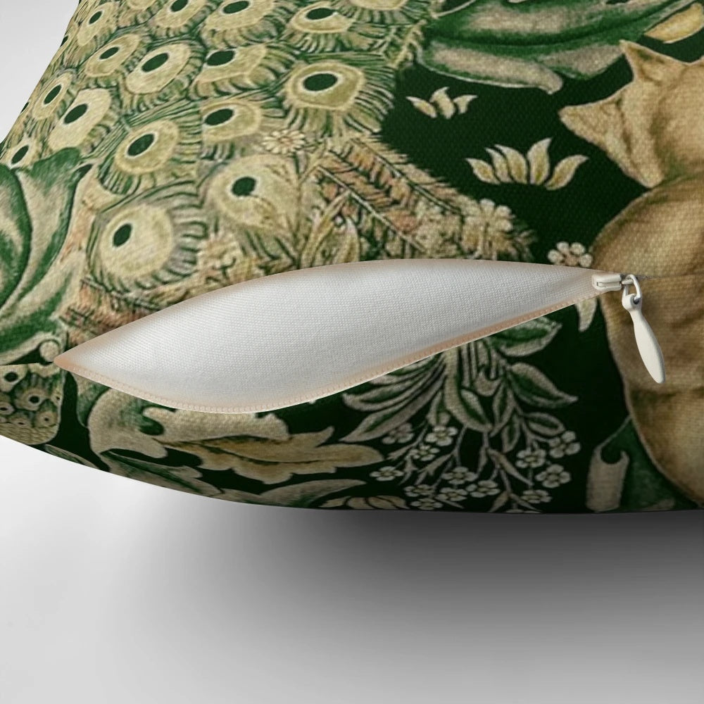 Decorative pillow featuring a vibrant green forest scene with peacocks, foxes, and hares surrounded by lush botanical prints and floral patterns.