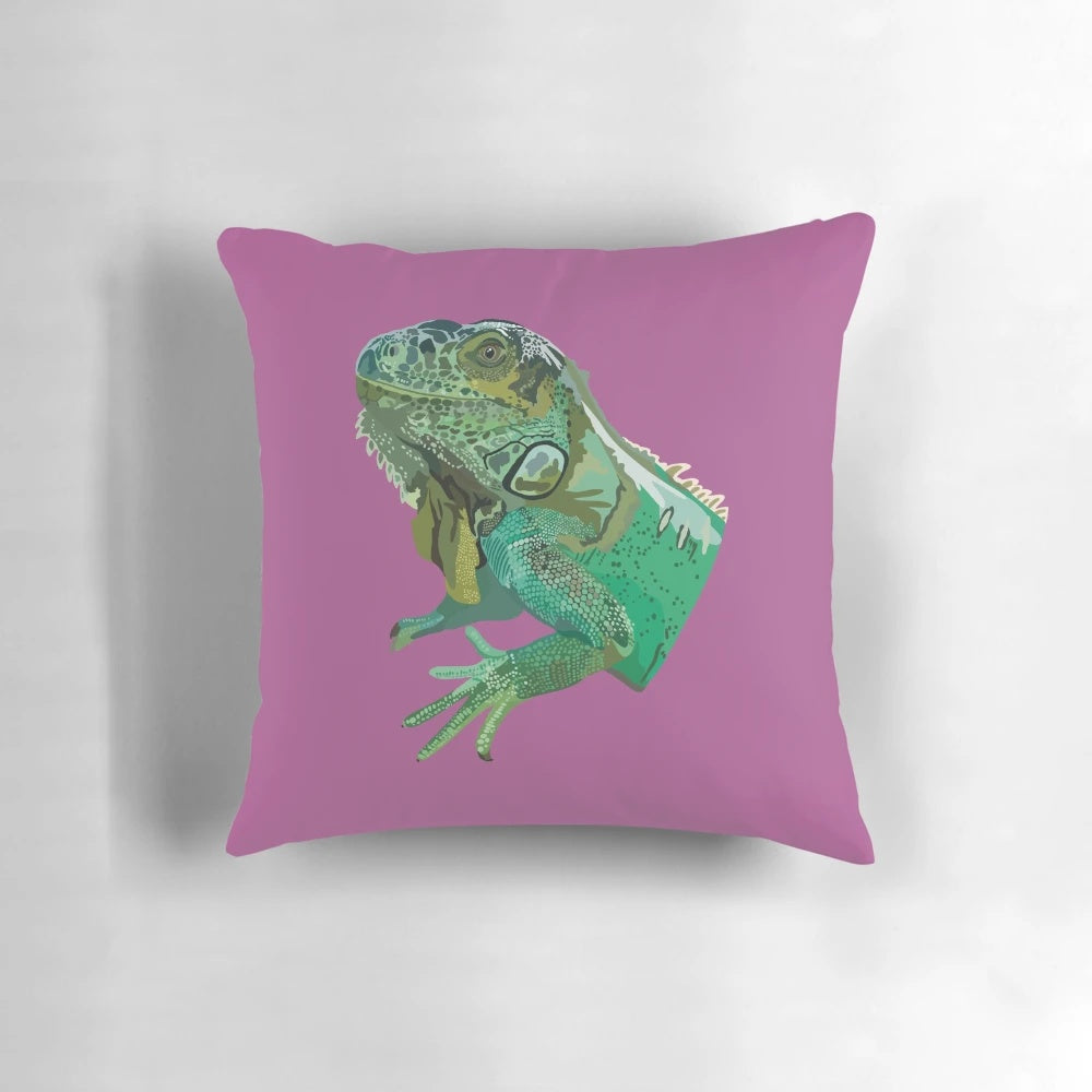 Colorful green iguana illustration on a decorative throw pillow