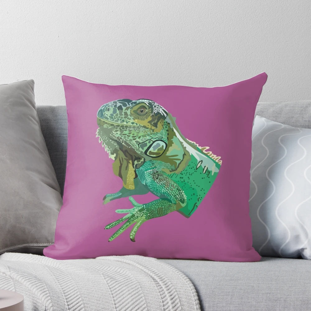 Colorful green iguana illustration on a decorative throw pillow