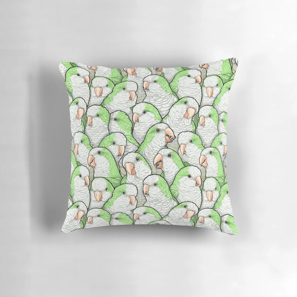 Decorative throw pillow featuring a vibrant green quaker monk parakeet bird pattern.