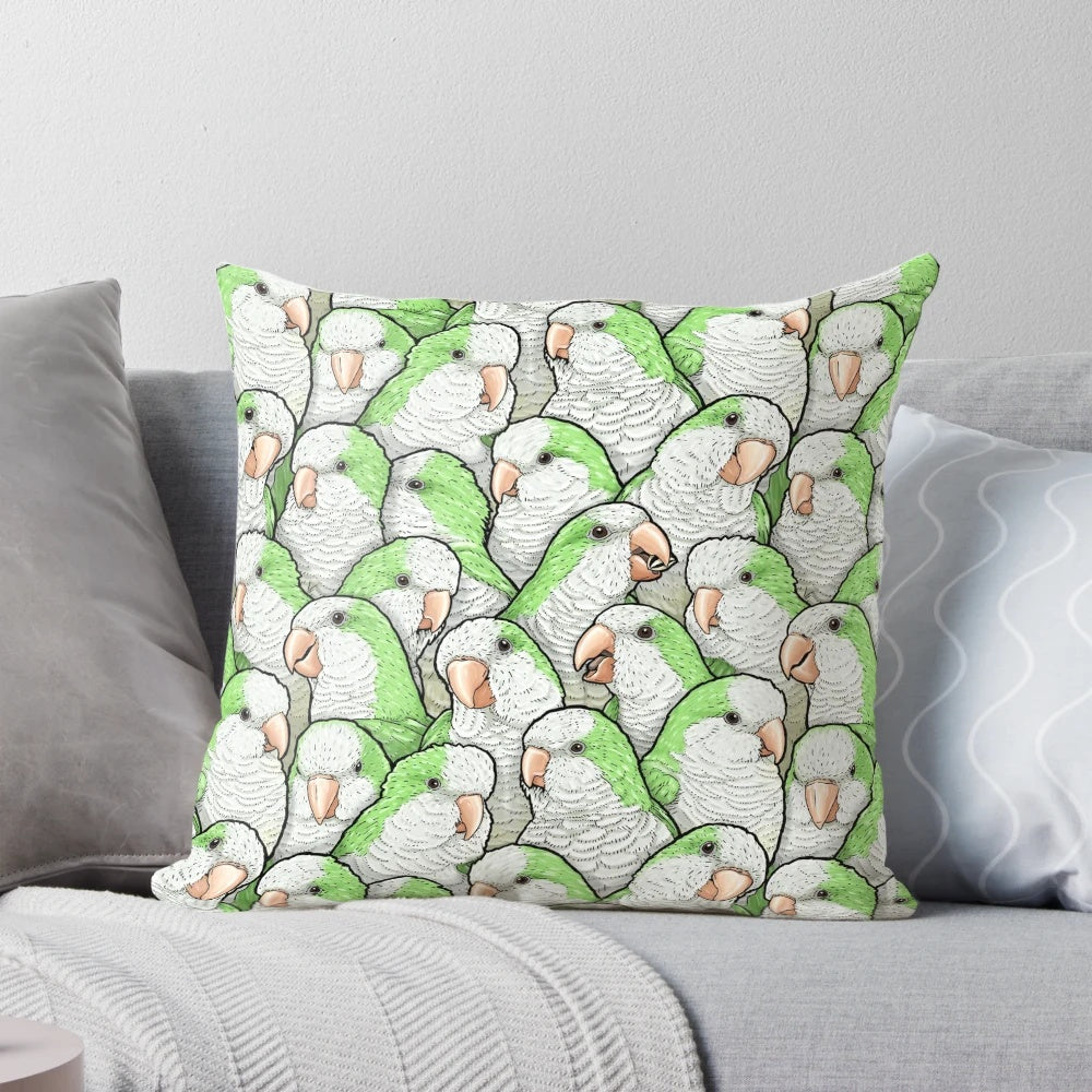 Decorative throw pillow featuring a vibrant green quaker monk parakeet bird pattern.
