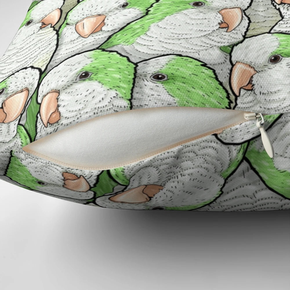 Decorative throw pillow featuring a vibrant green quaker monk parakeet bird pattern.