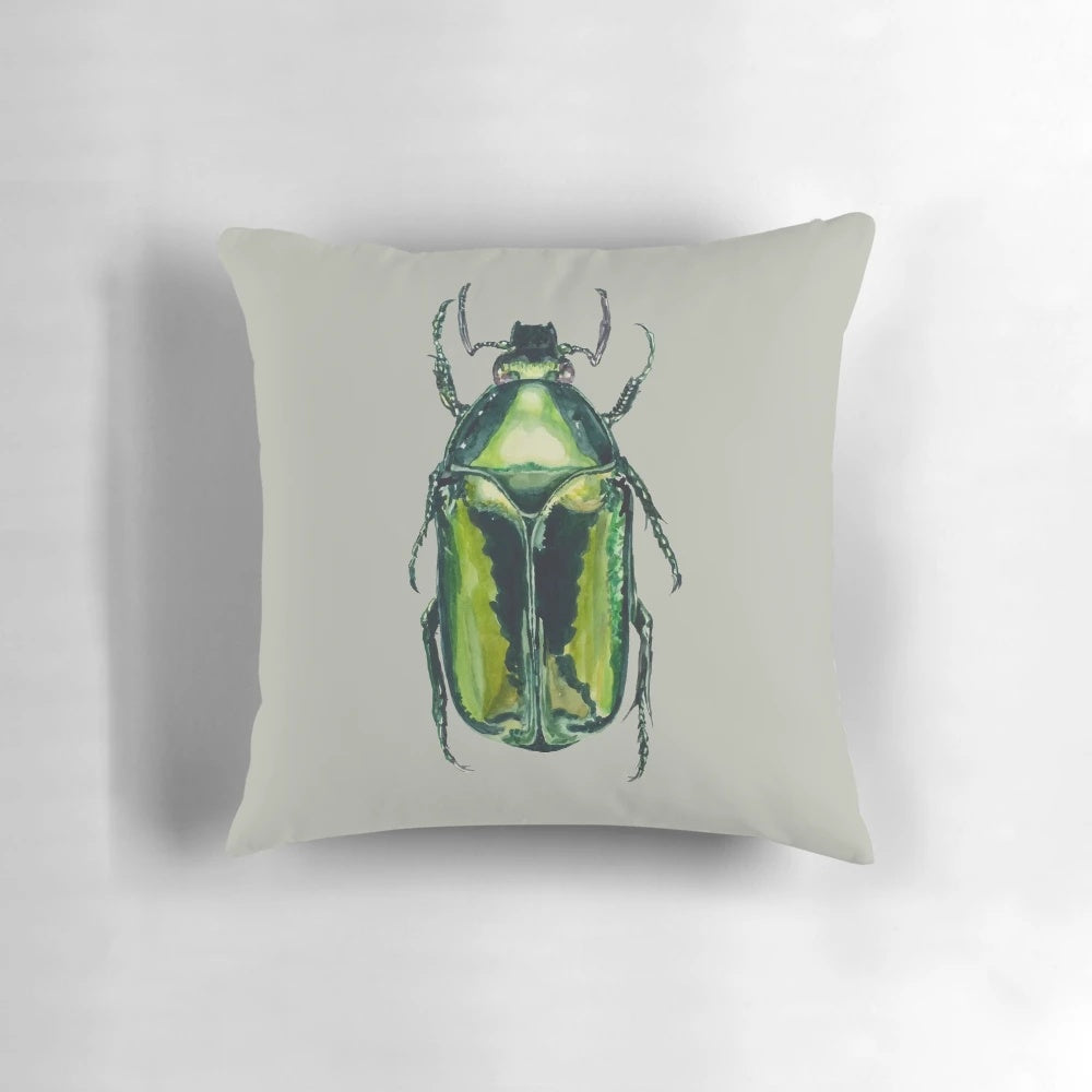 Detailed watercolor painting of a vibrant green scarab beetle