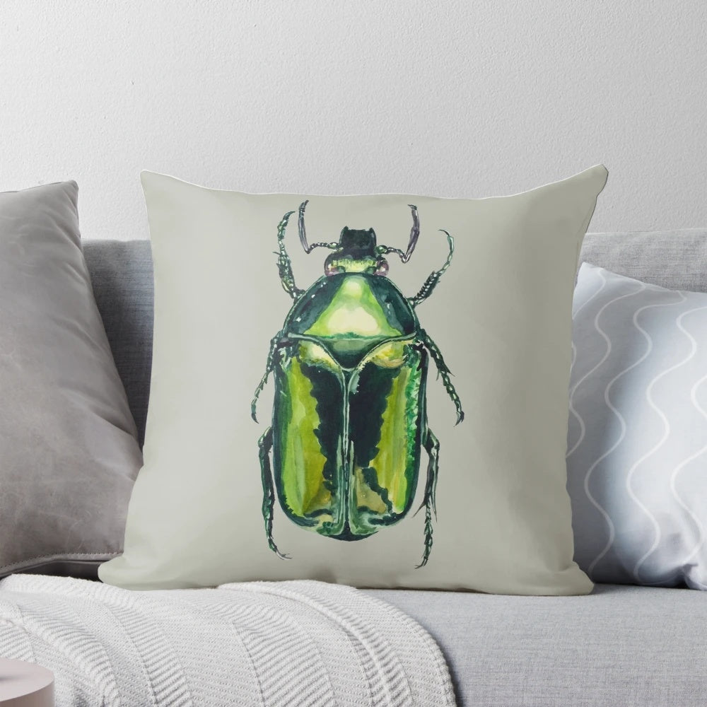 Detailed watercolor painting of a vibrant green scarab beetle