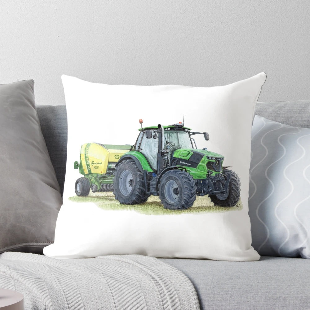 Painting of a green tractor on a Pillow POD product
