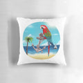 A vibrant green wing macaw parrot printed on a soft, decorative throw pillow.