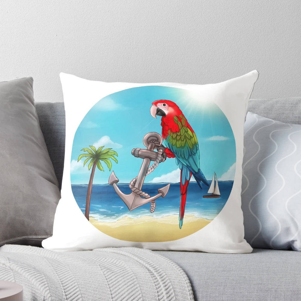 A vibrant green wing macaw parrot printed on a soft, decorative throw pillow.