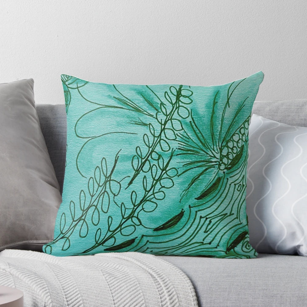Vibrant green and white zentangle patterned decorative throw pillow