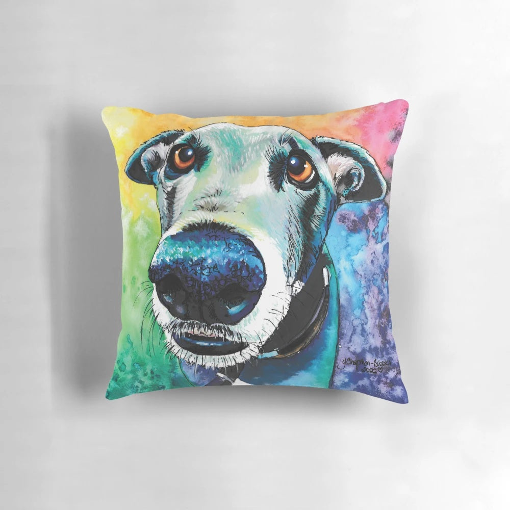 Colorful illustration of a blue and grey greyhound against a rainbow background