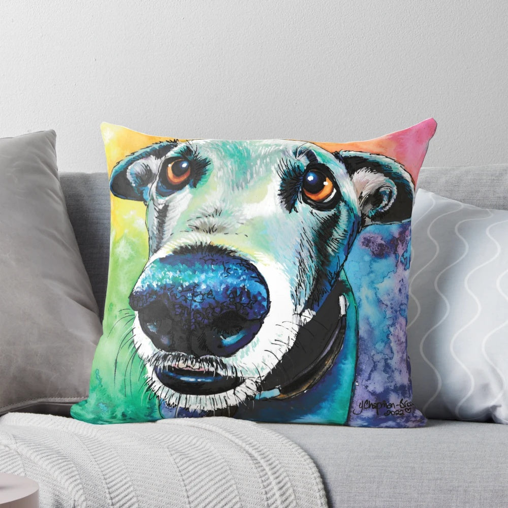 Colorful illustration of a blue and grey greyhound against a rainbow background