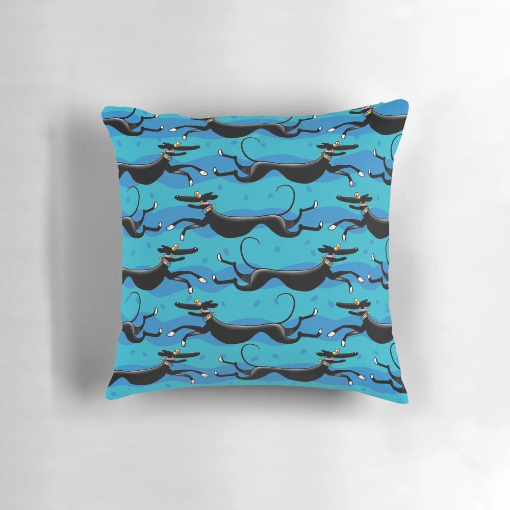 Colorful Pillow with Playful Greyhound, Whippet, and Lurcher Cartoon Designs