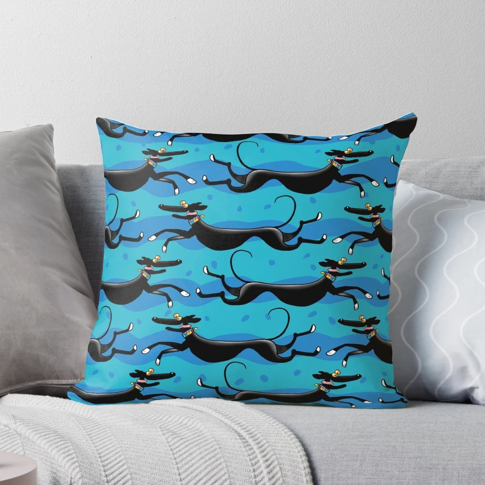 Colorful Pillow with Playful Greyhound, Whippet, and Lurcher Cartoon Designs