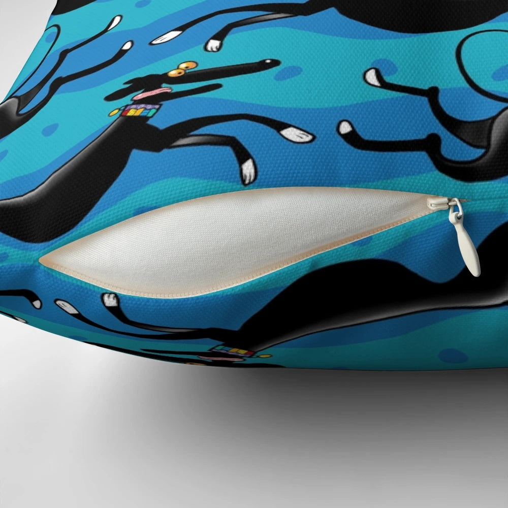 Colorful Pillow with Playful Greyhound, Whippet, and Lurcher Cartoon Designs