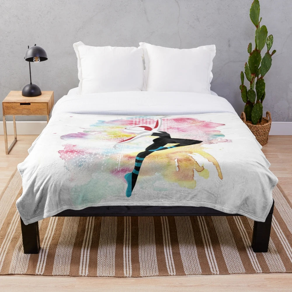 Gwen Stacy-inspired plush blanket with watercolor art and spider-girl design