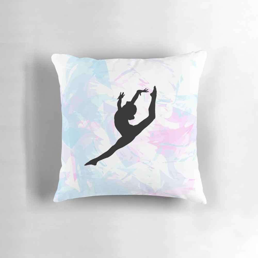A colorful water color-style gymnastics silhouette printed on a soft throw pillow.