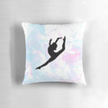 A colorful water color-style gymnastics silhouette printed on a soft throw pillow.