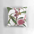 Pillow featuring a watercolor illustration of pink and green hakea flowers, a native Australian plant