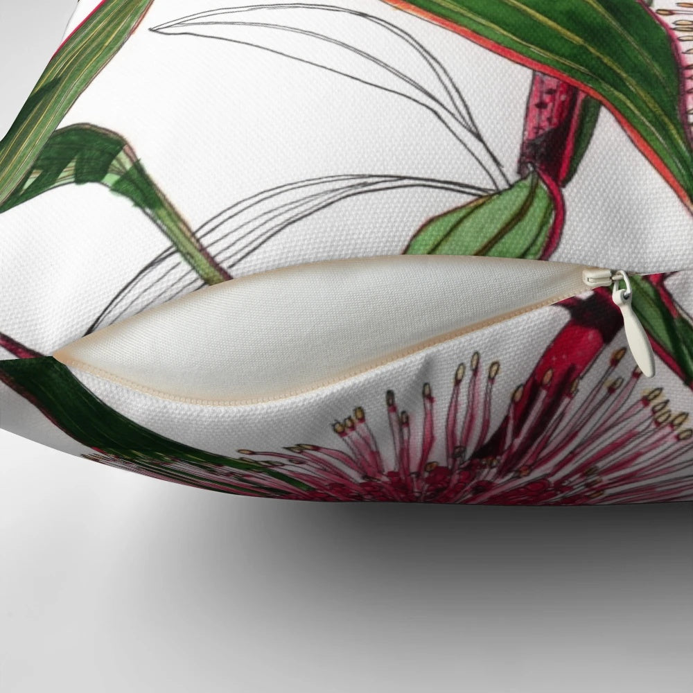 Pillow featuring a watercolor illustration of pink and green hakea flowers, a native Australian plant