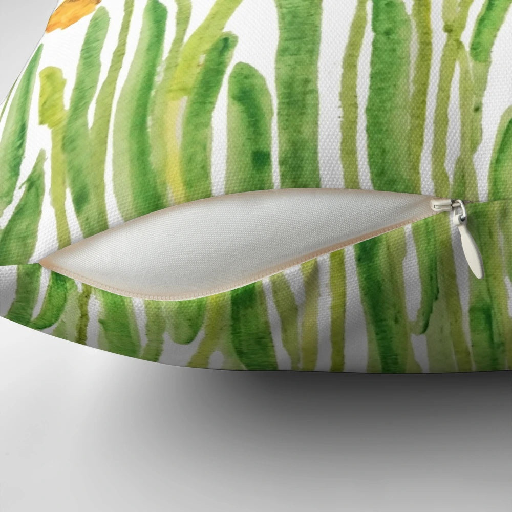 Colorful hand painted daffodil flowers in a meadow watercolor design on a square throw pillow.