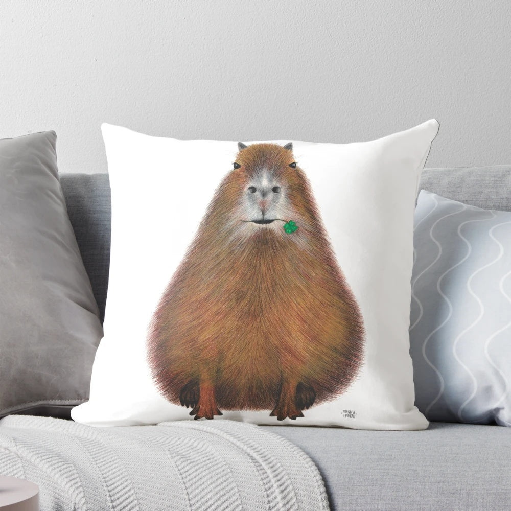 Colorful hand-illustrated capybara design on a plush, high-quality accent pillow.