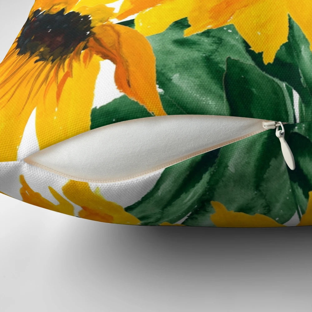 Colorful handmade throw pillow featuring a painted sunflower bouquet design in shades of yellow and green.