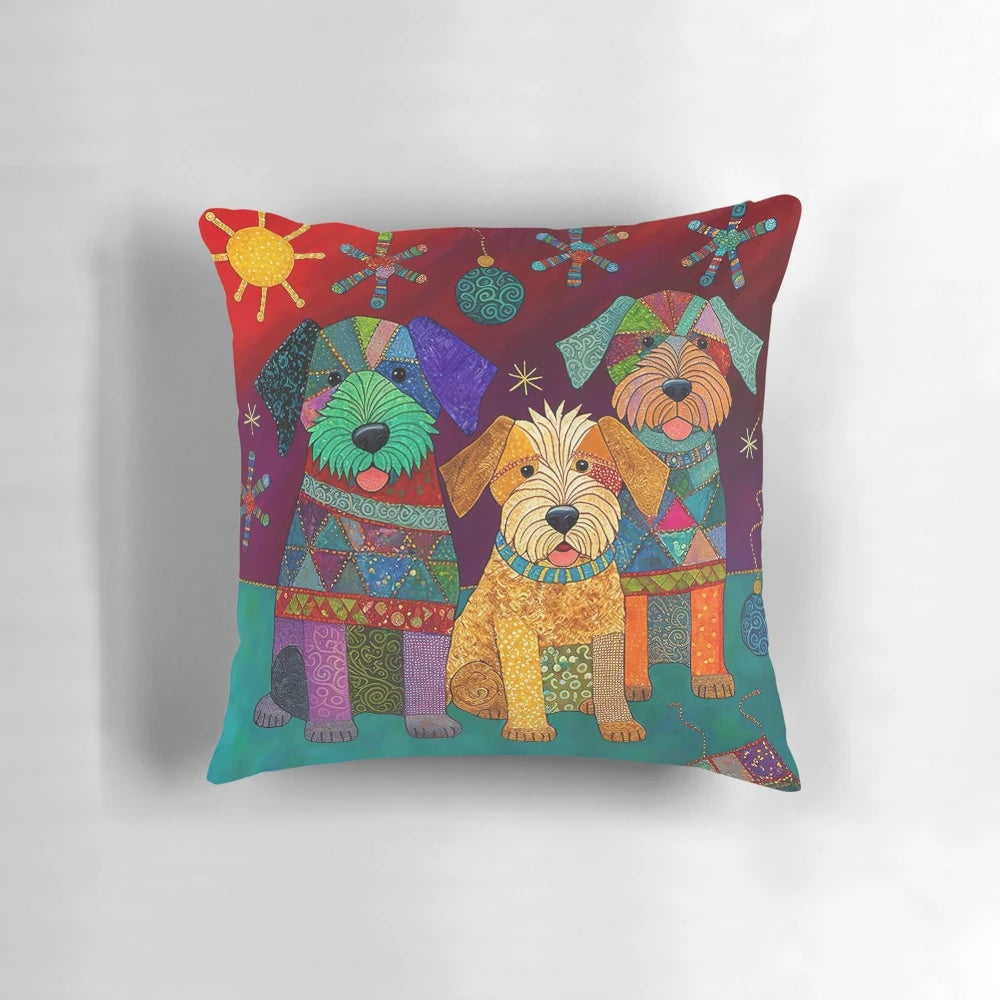 Vibrant, happy, and colorful dog-themed throw pillow with patchwork and embroidered design