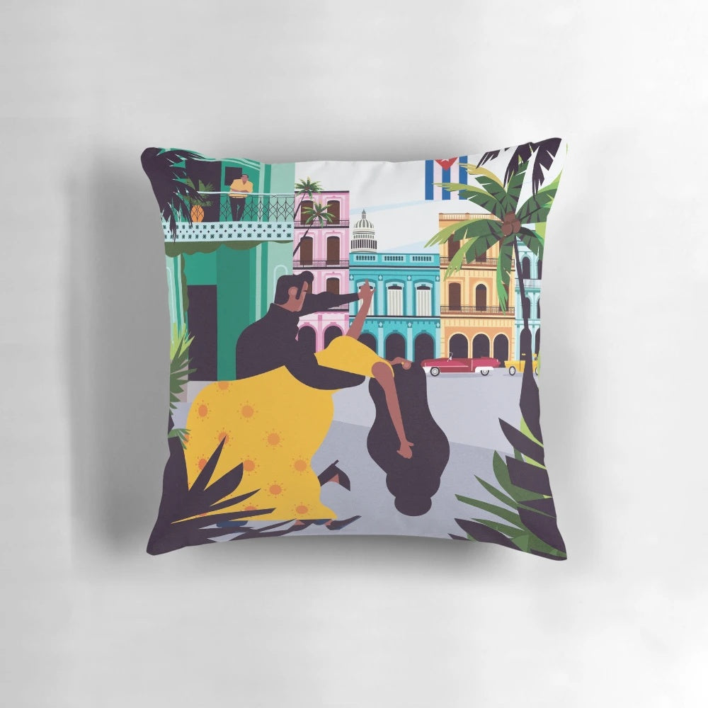 Colorful throw pillow featuring Havana, Cuba salsa dancers in a lively, tropical scene