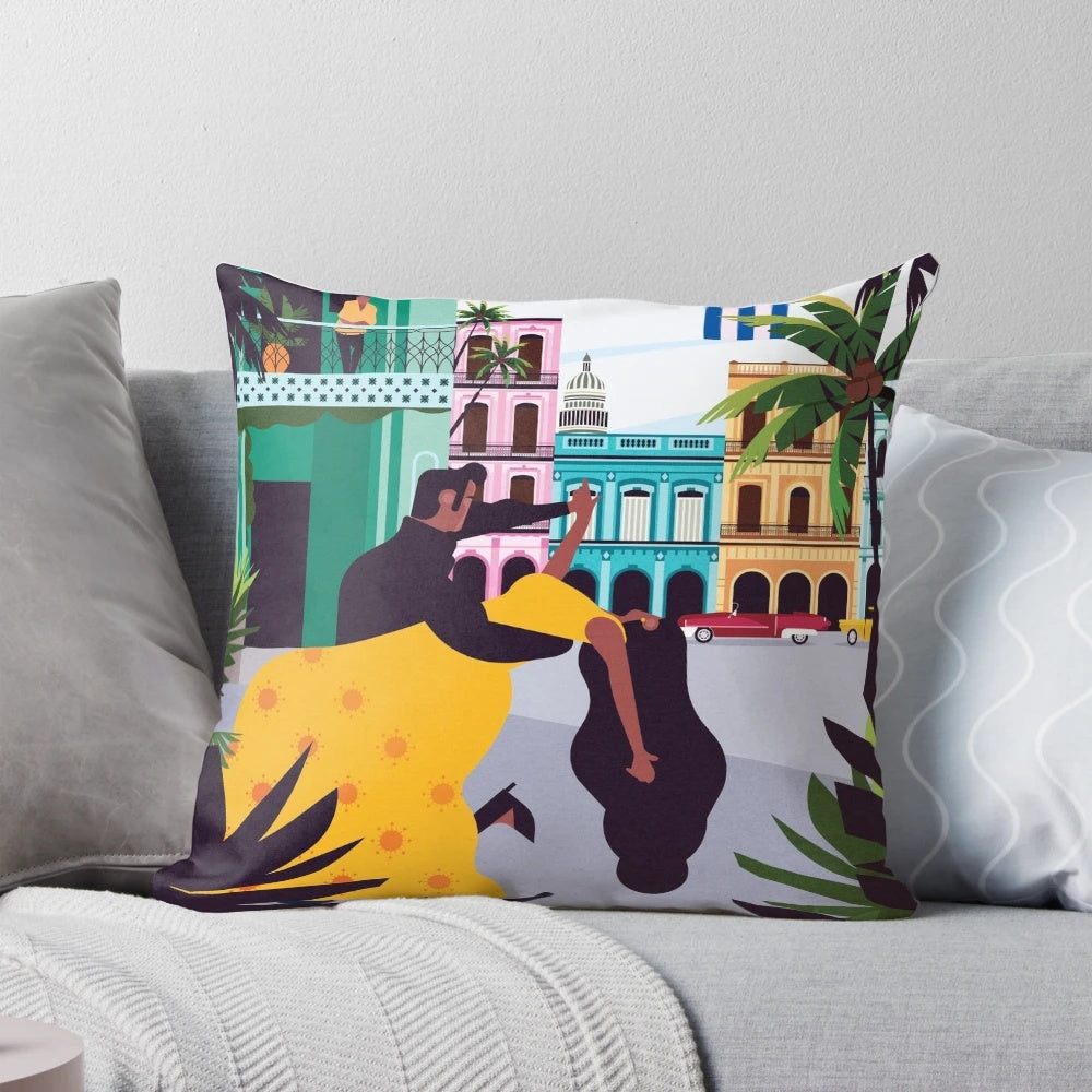 Colorful throw pillow featuring Havana, Cuba salsa dancers in a lively, tropical scene