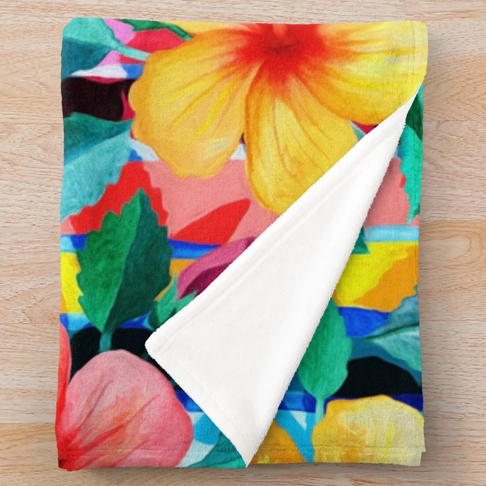Colorful Hawaiian hibiscus floral pattern plush blanket with bright tropical stripes