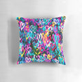 Colorful heart-themed decorative pillow featuring urban street art-inspired design